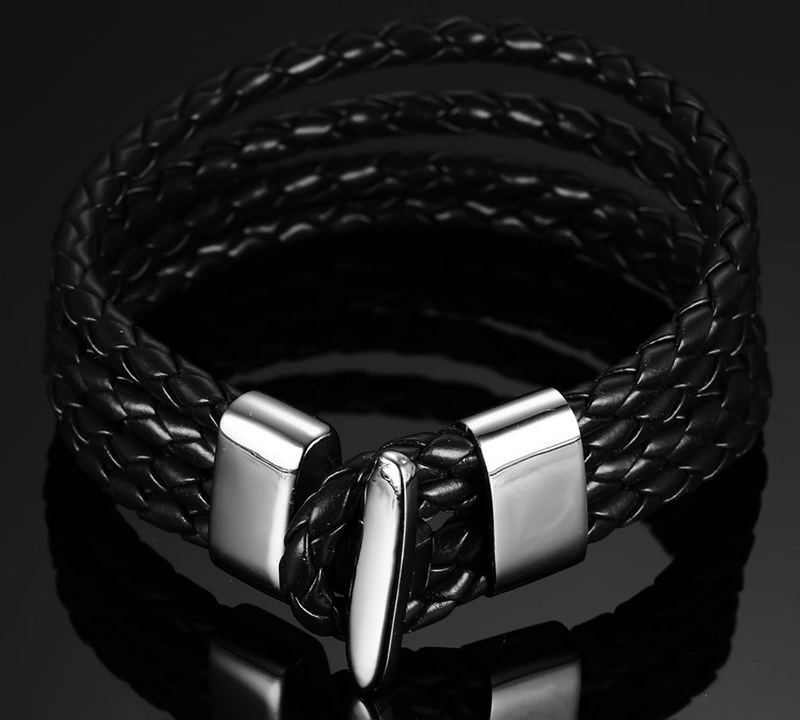 Titanium Steel Black Leather Rope Bracelet Men&prime; S and Women&prime; S Style Knitting Personality Leather Rope Bracelet