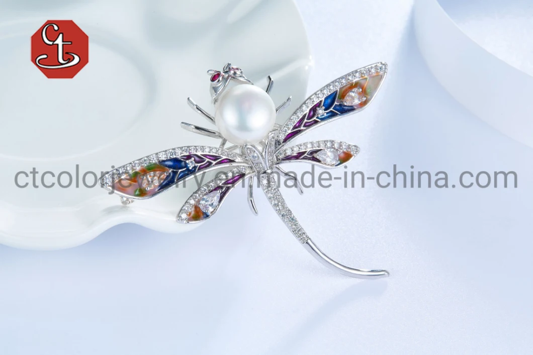 Fashion Jewelry Enmael OEM Blue Flamingo Natural Pearl 925 Silver Jewelry Gift Designer Brooch