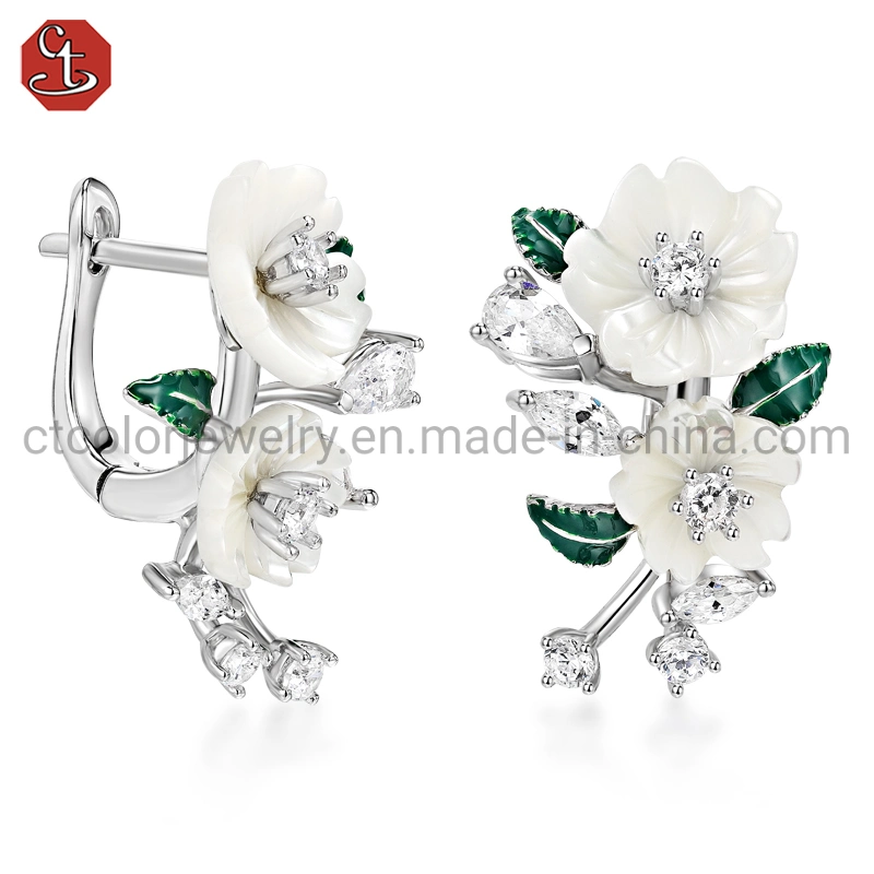 Fashion Design Jewelry Accessories 925 Silver Jewellry Shell Floral Green Enamel Leaf Jewelry MOP Earrings with Cubic Zirconia
