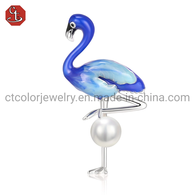 Fashion Jewelry Enmael OEM Blue Flamingo Natural Pearl 925 Silver Jewelry Gift Designer Brooch