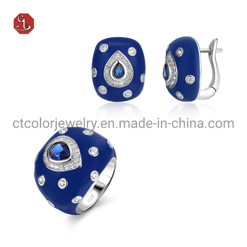 Fashion 925 Sterling Silver Jewelry White Zircon Blue Glass Enamel Ring For Women Jewelry Accessories