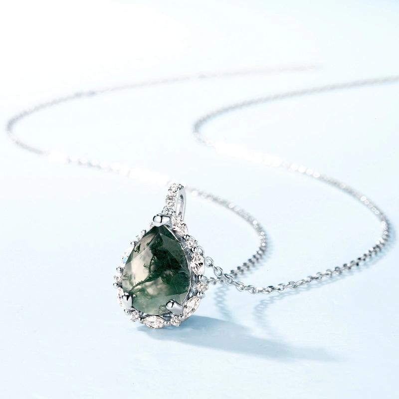 Genuine Pure Silver 925 Water Droplets Pear Shape Crystal Moss Agate Pendant Necklace