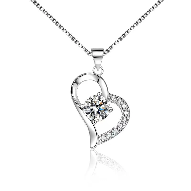 Fashionable 925 Sterling Silver Heart Shape Aquamarine Crystal Stone Pendant Women Necklace Jewelry