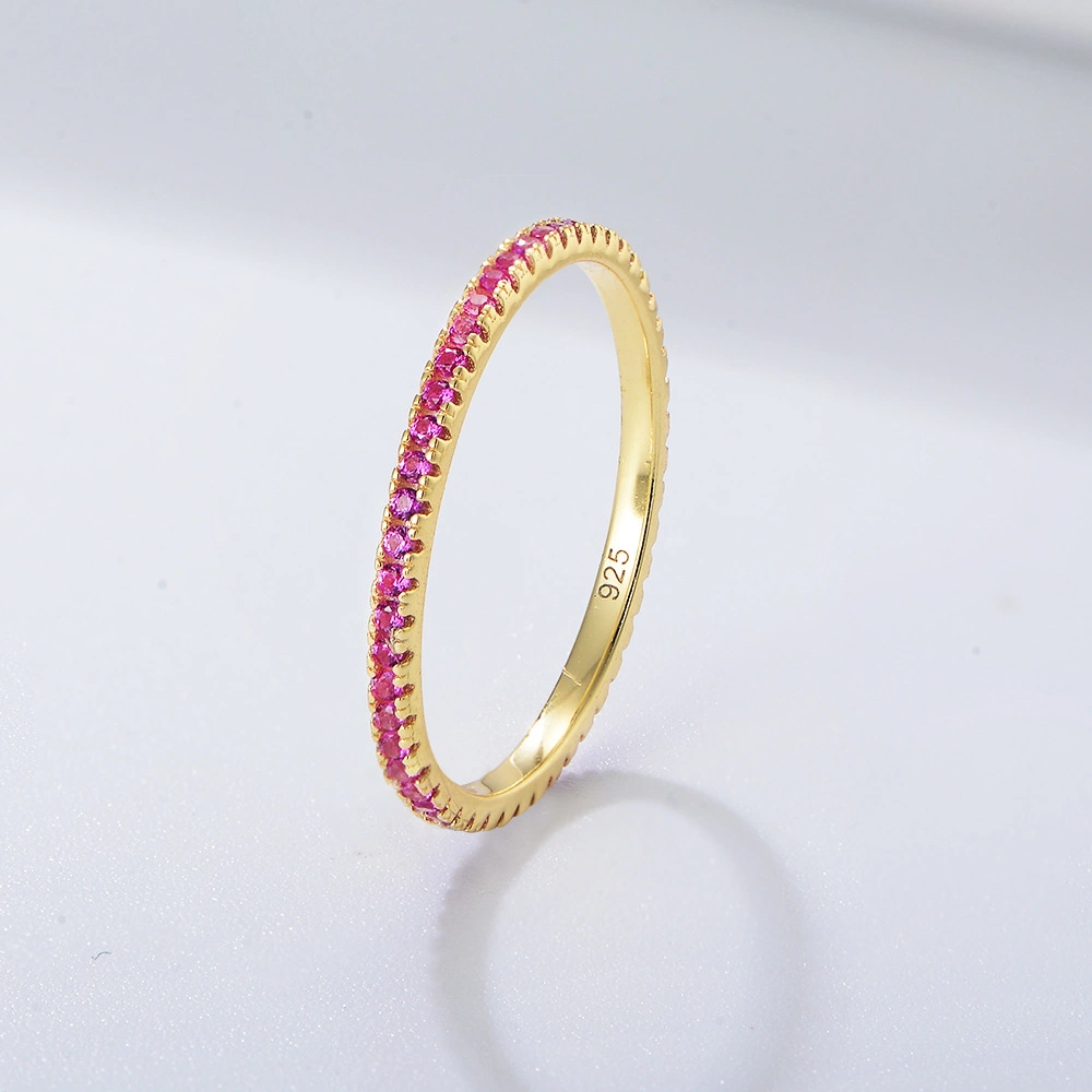 S925 Sterling Silver Gold Plated Women Ring Fine Jewelry Rainbow Zirconia CZ Stackable Band Ring