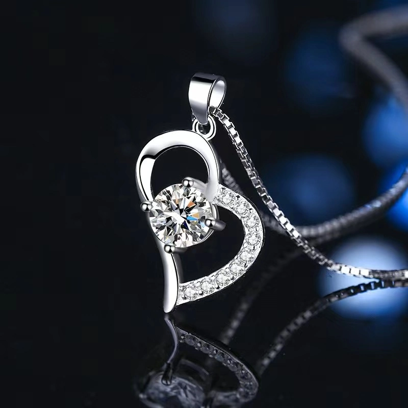 Fashionable 925 Sterling Silver Heart Shape Aquamarine Crystal Stone Pendant Women Necklace Jewelry