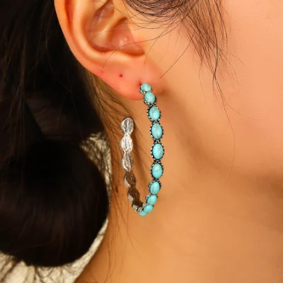 Vintage Western Turquoise Large Circle C Shape Turquoise Hoop Earrings