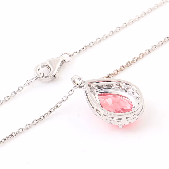 Romantic 2.5 Carat Pear Cut Lab Grown Pink Sapphire Vvs Moissanite Diamond Pendant Necklace in 14K White Gold