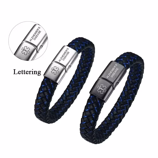 New Trend Simple Men′ S Business Blue Leather Bracelet Engravable Stainless Steel Leather Bracelet for Couple
